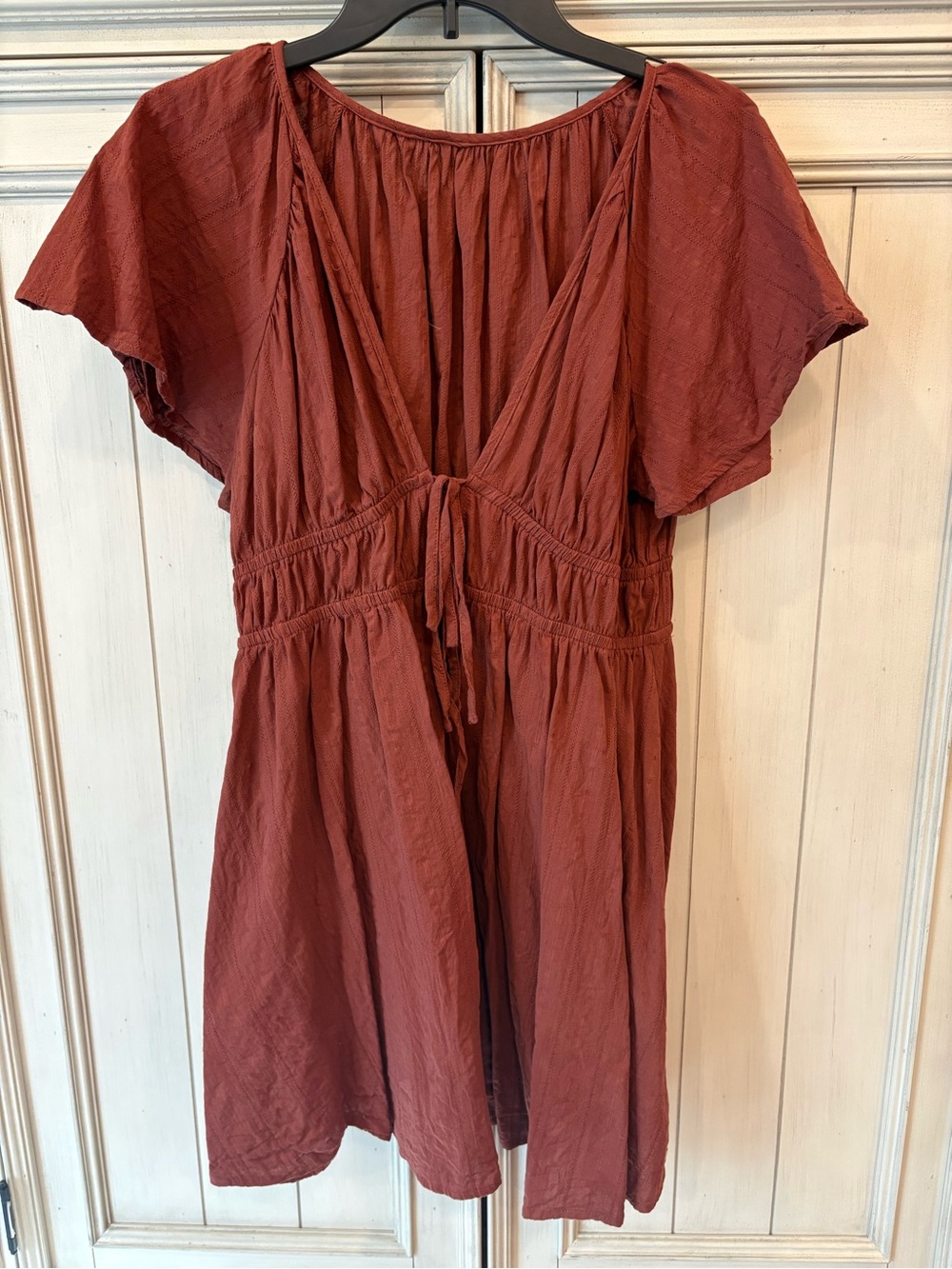 SHEIN Rust Red Short Sleeve V-Neck Cinched Waist Dress